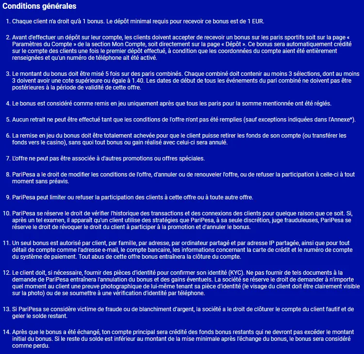 Conditions du bonus de bienvenue Paripesa